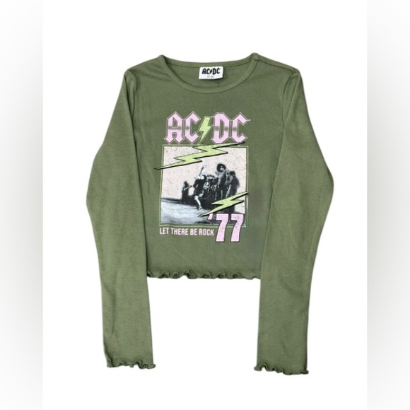 AC/DC Other - AC/DC Girls Olive Green Long Sleeve Lettuce Hem Crop Shirt Top NWT Size M (8)